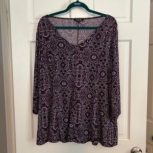 Roz & Ali Brand, Top with 3/4 sleeves, purple/ black multi color pattern 2X